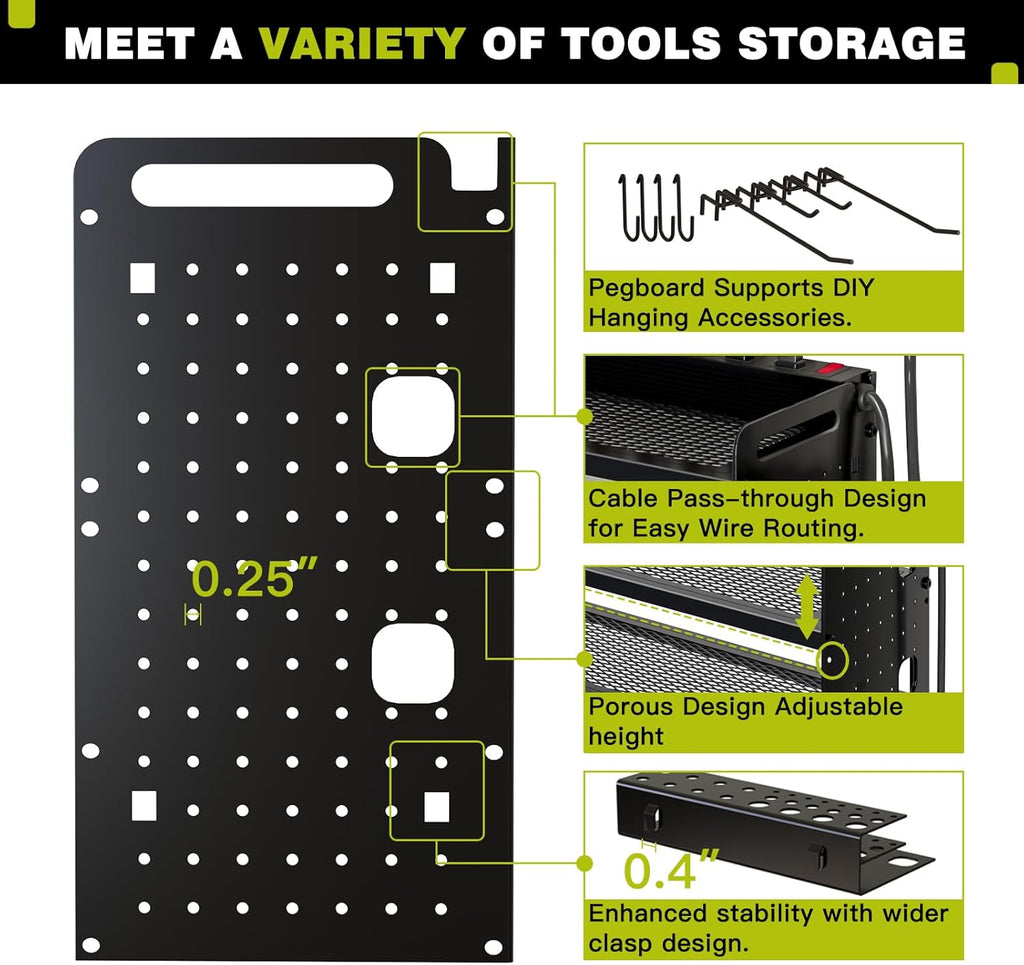 Power Tool Organizer Wall Mount with Charging Station,Cordless Tool Organizer 8 Drill Holder, 4 Layer Storage Rack for Garage Organization,Tool Holder with 8 Outlet Power Strip (Black)