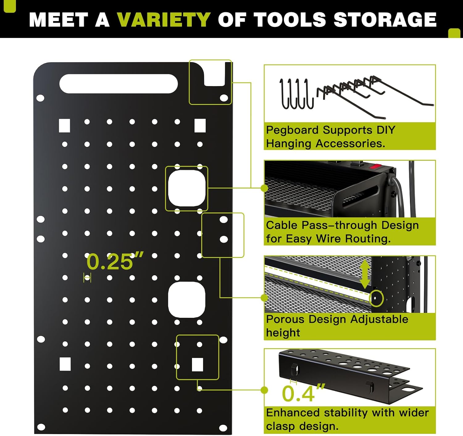 Power Tool Organizer Wall Mount with Charging Station,Cordless Tool Organizer 8 Drill Holder, 4 Layer Storage Rack for Garage Organization,Tool Holder with 8 Outlet Power Strip (Black)