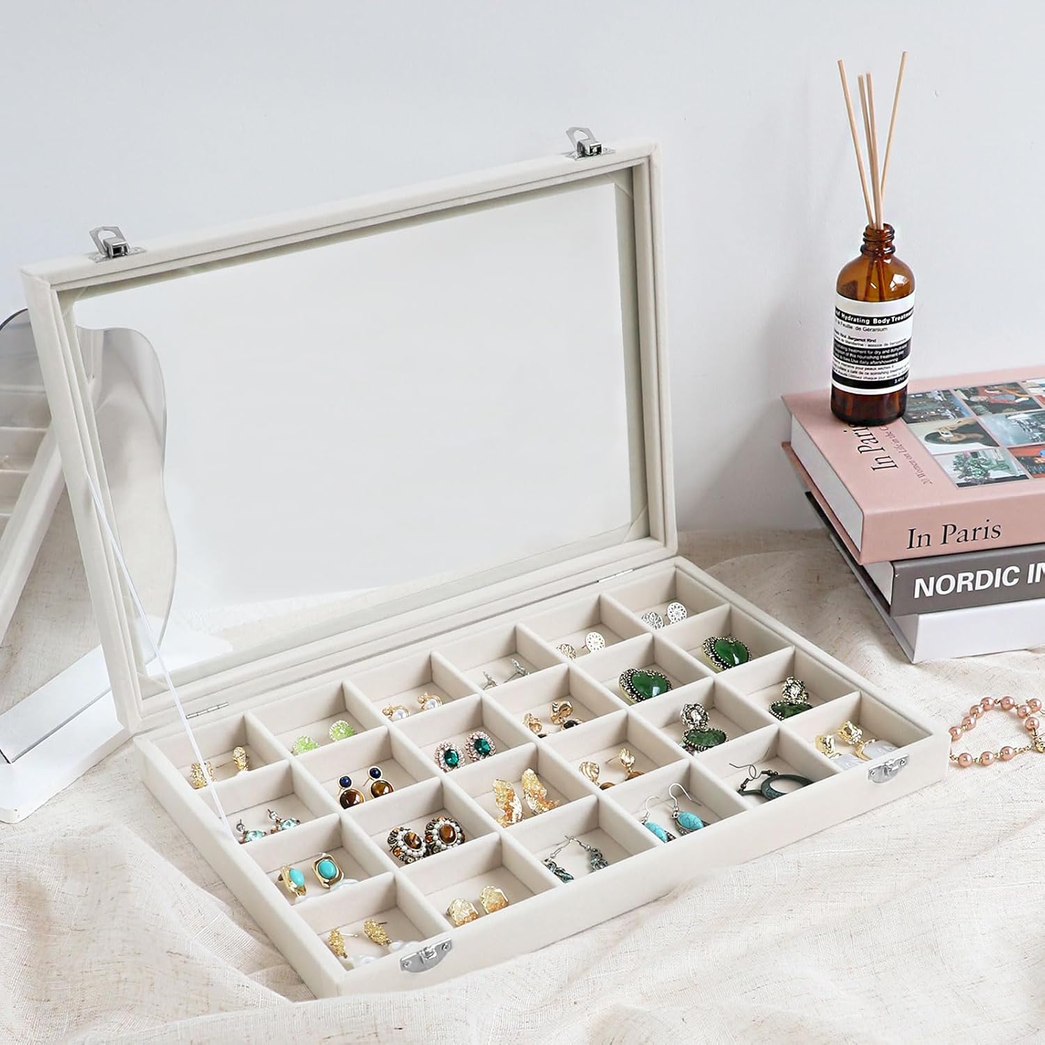Wudygirl Jewelry Organizer Earring Holder Jewelry Tray with Lid Velvet Jewelry Box Jewelry Display Case Bracelet Earrings Ring Holder for Women Dresser (Beige 24 Grid Jewelry Tray)