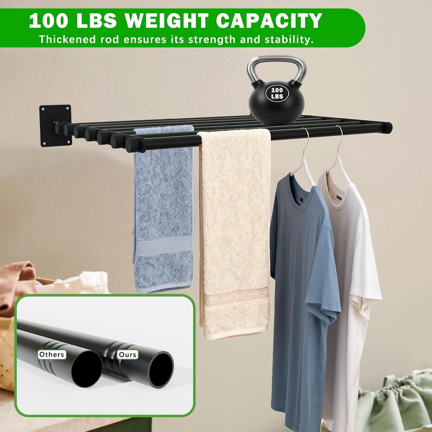 Wall Mounted Drying Rack, 43 Inches Wall Laundry Drying Rack Collapsible Indoor Clothes Drying Rack for Hanging Clothes