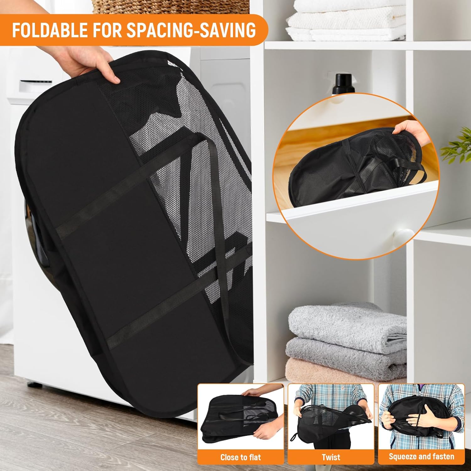 Collapsible Laundry Baskets with Easy Carry Handles, 95L Clothes Hamper for Storage, Foldable Laundry Basket Tear-proof, Large Pop Up Hampers for Laundry, Bedroom, Bathroom, Dorm Black