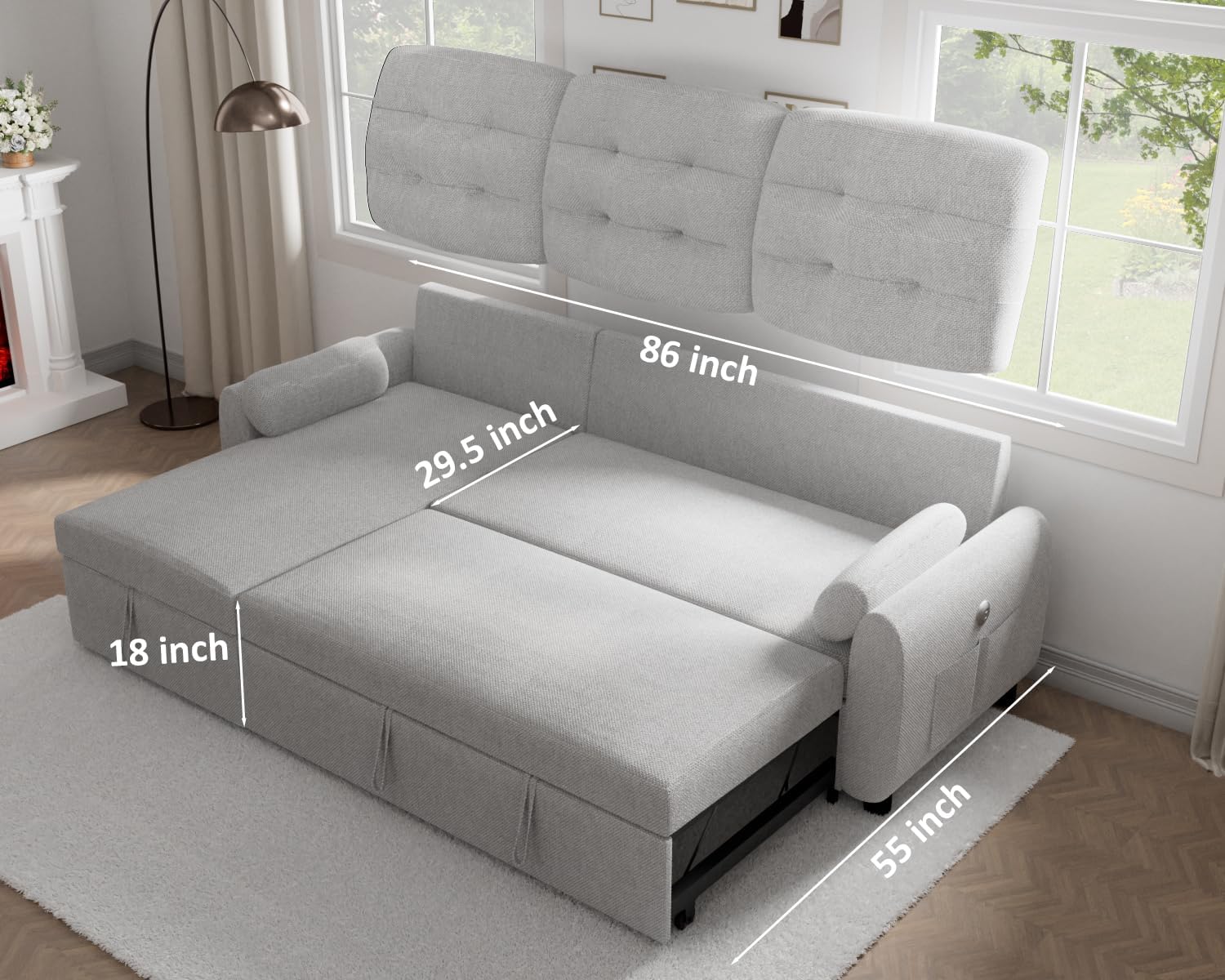 86" Sleeper Sofa Bed, Pull Out Couch Bed with Reversible Storage Chaise, Sectional Couches for Living Room with Side Pocket | Charging Station | Removable Backrest | Prime Linen, Light FGrey