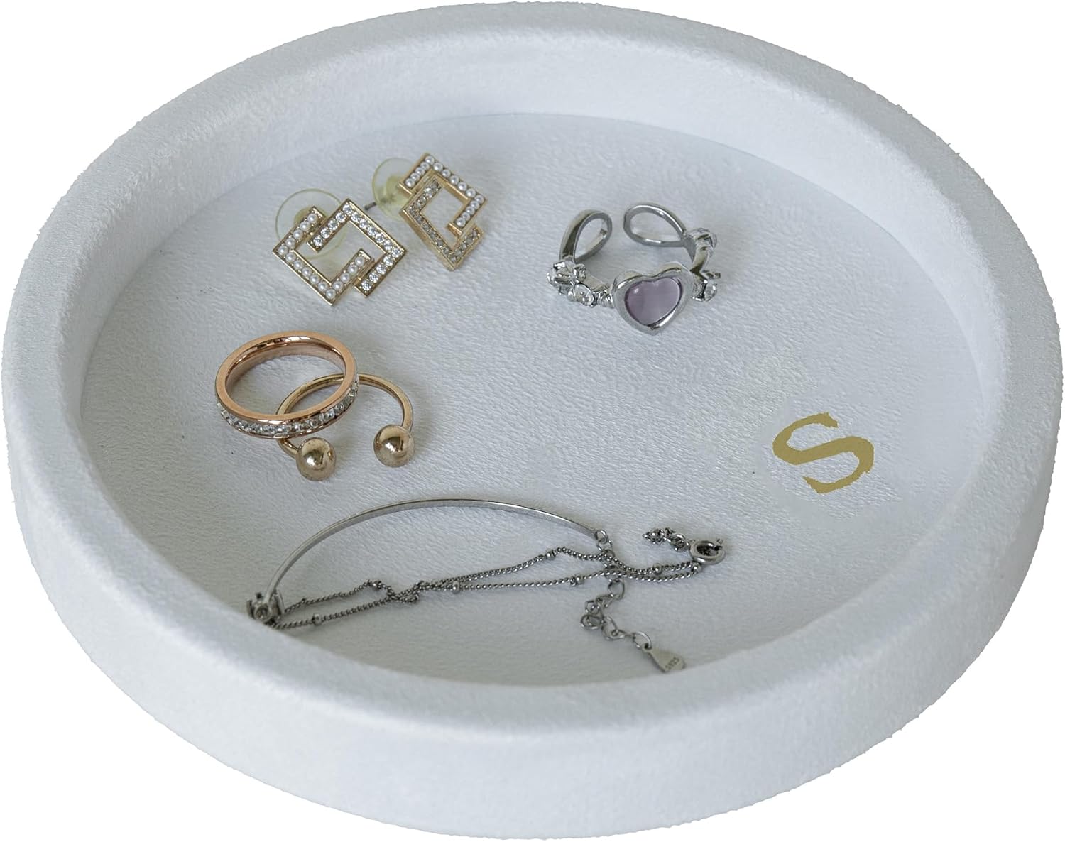 COLLECTIVE HOME - Velvet Jewelry Tray, 6" Monogrammed Jewelry Dish, Smooth Velour Display Dish for Rings, Earrings, Necklaces, Makeup, Personalized Gifts for Women (White-s)