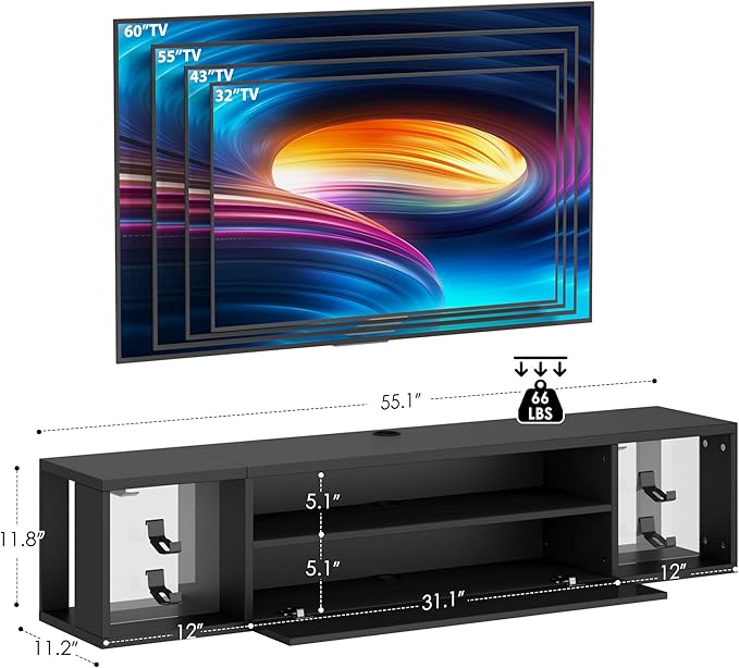 SogesHome 55'' Floating TV Stand with LED Lights, Wall Mounted Entert...