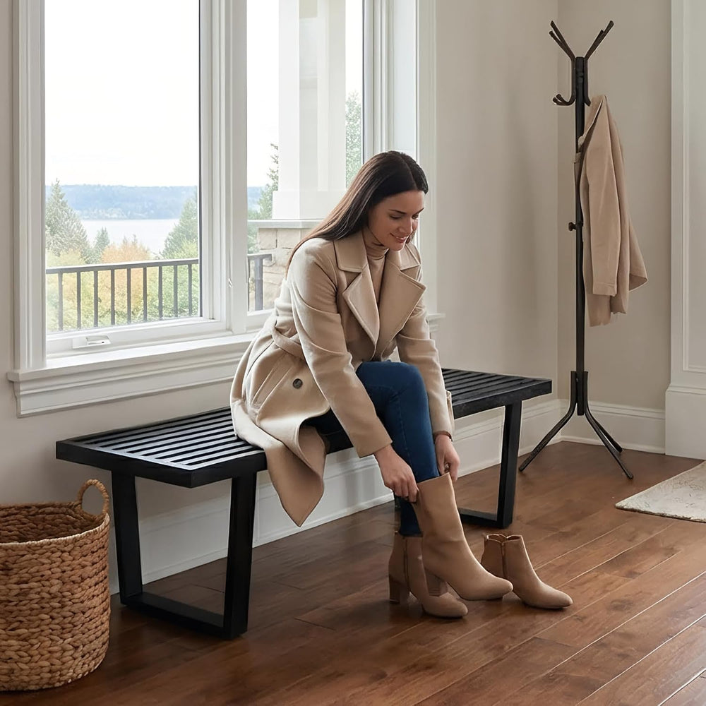 55" Black Wood Entryway Bench, Industrial End of Bed Bench for Bedroom, ...