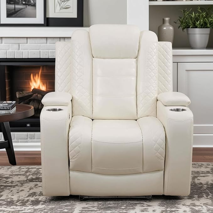 Power Recliner Chair, Leather Recliners with Home Theater Seating, Oversized Single Electric Recliner Sofa Breathable Living Room Chairs for Adults Reading Gaming, White