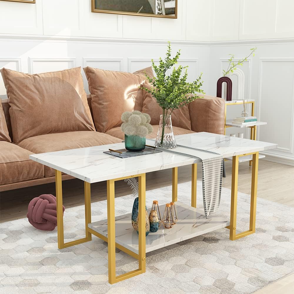 Coffee Table Set of 3, Faux Marble Coffee Table & 2pcs End Table with Met...