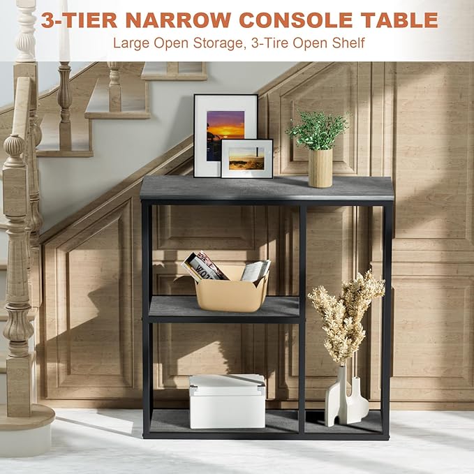 WOHOMO Console Table, 12 Inch Narrow Entryway Table with 3-Tier Storage Shelv...