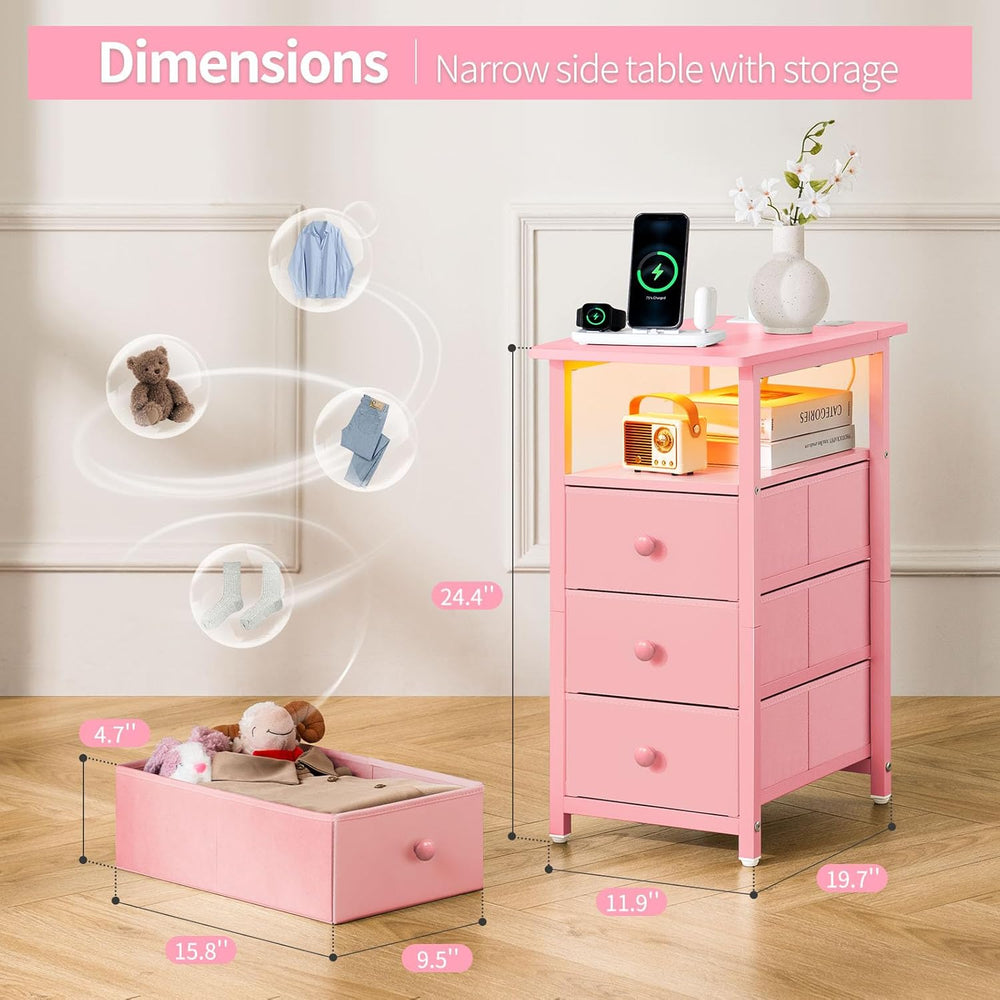 Yoobure End Table with Charging Station, Pink Narrow Nightstand LED Bedside T...