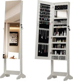 Montary Jewelry Cabinet Armoire with Full Length Mirror with stand, Freestanding Jewelry Armoire Organizer, Lockable Storage Cabinet, Interior Lighted Mirror, White