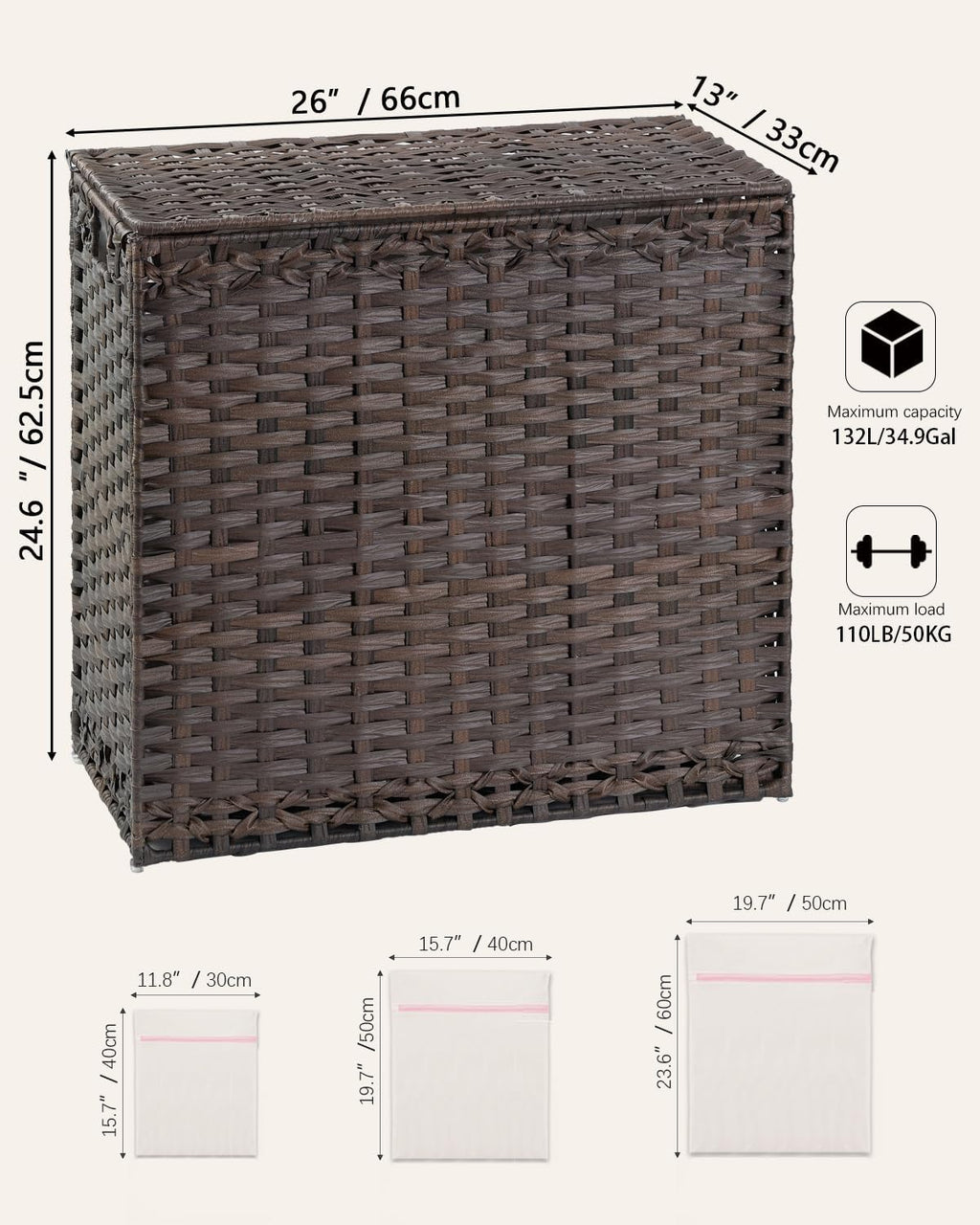 Laundry Hamper with Lid Laundry Basket 132 L (35 Gal) Wicker Clothes Hamper, Handwoven Rattan Hamper with Handles and 4 Removable Liner Bags, 6 Mesh Bags for Laundry Bedroom Brown