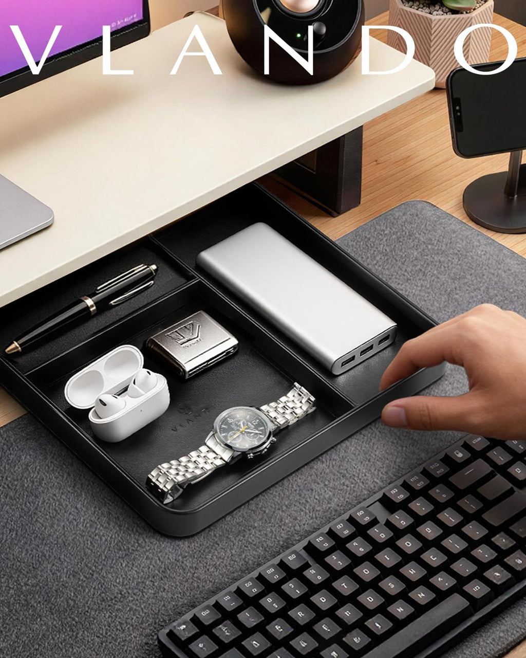 VLANDO Valet Tray, PU Leather Nightstand Organizer with Divider | Nightstand Decor, Key Tray, Divided Valet Tray,Catchall Tray with Dividers, EDC Tray, Watch Tray, Catchall Tray for Men Black