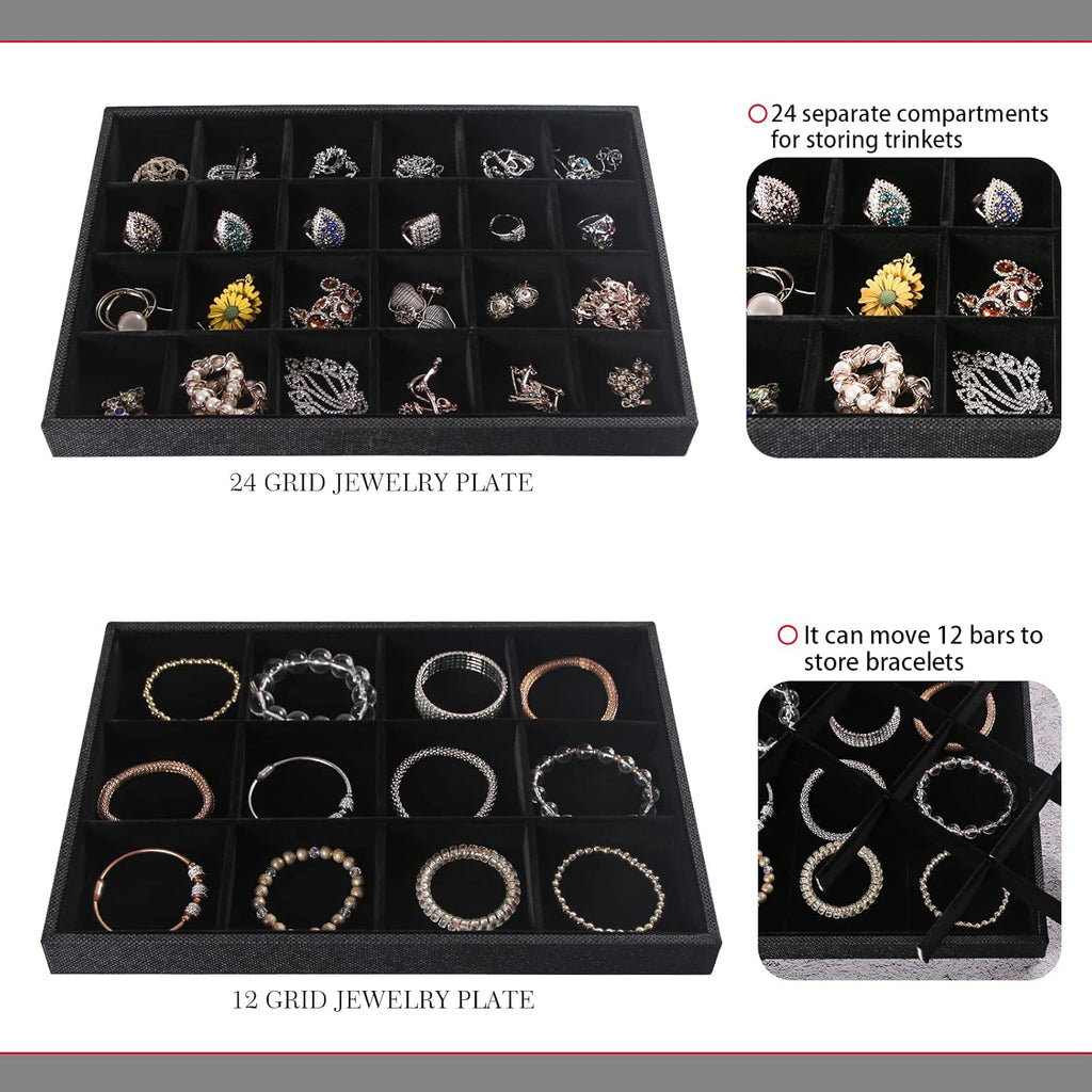 Julysky 4 Pcs/set Stackable Jewelry Organizer Trays with Glass Lid,100 Slots Ring Holder,Bracelet Displays Stand for Selling Necklace Earring Rack