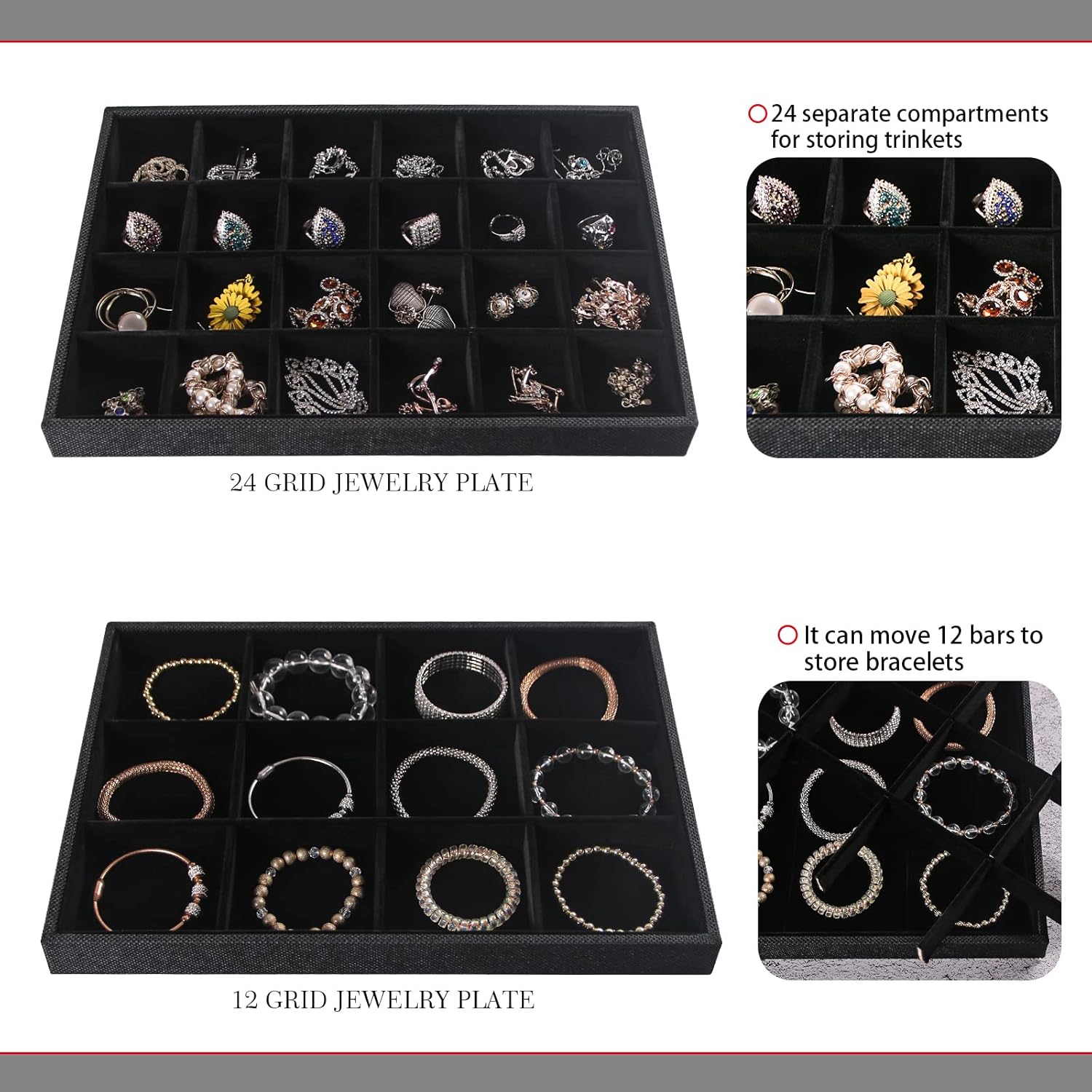 Julysky 4 Pcs/set Stackable Jewelry Organizer Trays for Drawer,100 Slots Ring Tray，Necklace Tray,12 Grid,24 Grid Jewelry Displays for Selling,Black