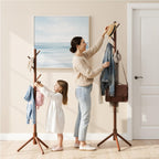 Wooden Coat Rack Freestanding with 8 Hooks & 3 Adjustable Sizes for Clothes, Space-Saving Design for Bedroom Office Entrance Holds Hats Coats Scarves Bags
