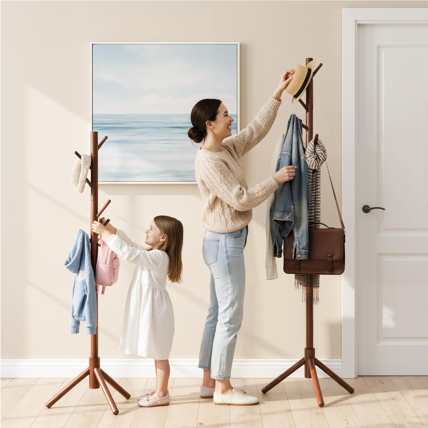 Wooden Coat Rack Freestanding with 8 Hooks & 3 Adjustable Sizes for Clothes, Space-Saving Design for Bedroom Office Entrance Holds Hats Coats Scarves Bags