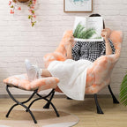 HollyHOME Faux-Fur Lazy Chair with Foldable Ottoman, Accent Comfy Lounge Arm Chair and Folding Footrest Stool Set, Leisure Sofa Reading Chair and Footstool for Living Room, Bedroom, Orange&White