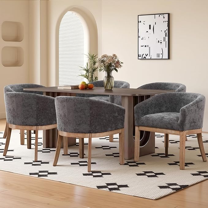 SoarFlash Mid Century Modern Upholstered Barrel Dining Chairs Set of 6, Farmhouse Linen Kitchen and Dining Room Chairs, with Natural Hardwood Frame (Grey)