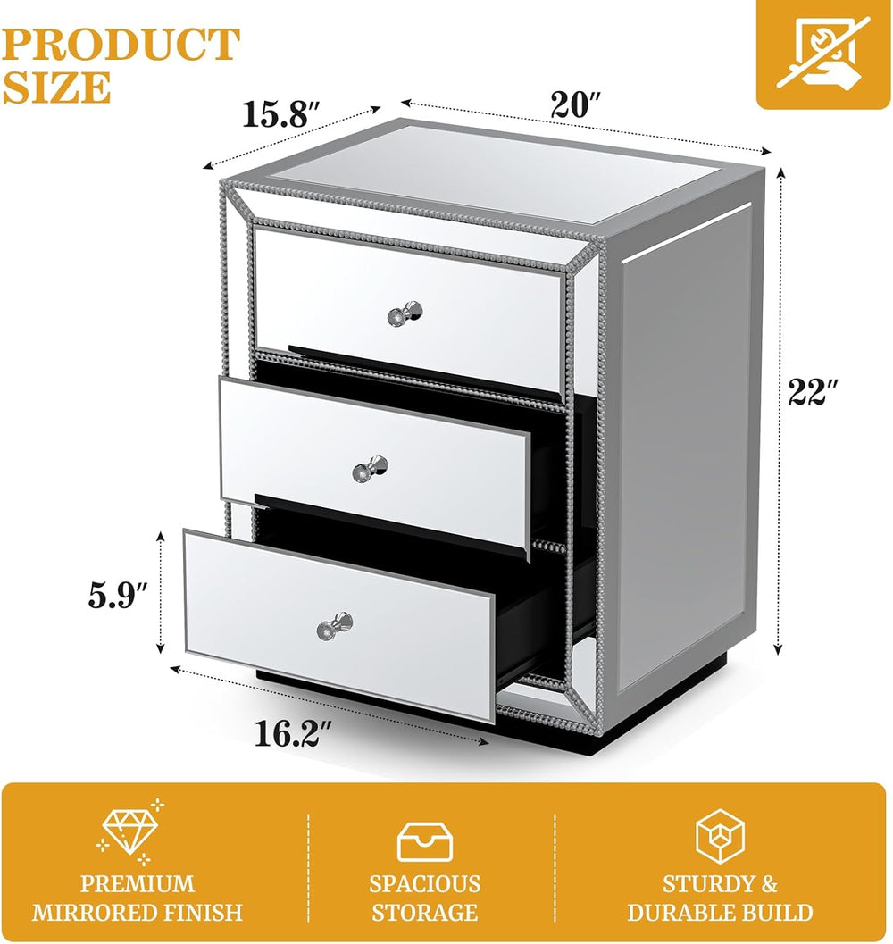 IKIFLY Mirrored Nightstand with 3 Drawers, Silver End Table with Crystal Hand...