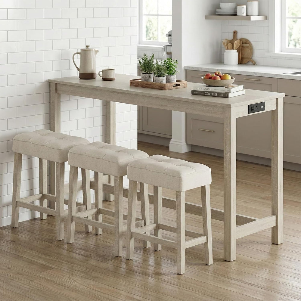 COSTWAY 4-Piece Breakfast Nook Bar Set with Built-in Charging Station | Count...