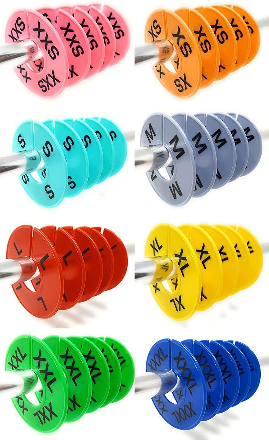 Clothing Rack Size Dividers for Retail Shops, XXS-XXXL, 40 Pieces, 8 Colors | Round Plastic Size Rings, Tags, Hangers, or Separators for Shirt, Closet, and Garment Racks, Small Medium Large