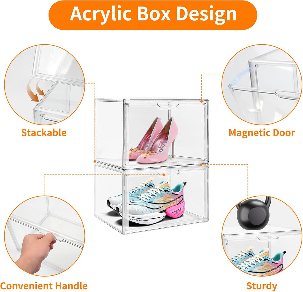 3 Pack Clear Acrylic Sneaker Shoe Display Case,Shoe Storage Boxes Stackable,Acrylic Boxes for Shoes Display with Lid,Boot Storage Organizer for Tall Boot,Purse Handbag Organizer for Closet