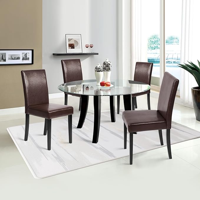 FDW Dining Chairs Set of 4,Dining Room Chairs,Side PU Cushion Chairs with Waterproof Surface and Wood Legs,for Kitchen Restaurant and Living Room,Leather Brown