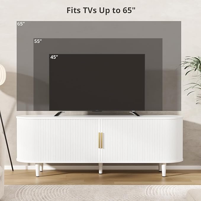 VOWNER 63" Fluted TV Stand, Modern Entertainment Center for TVs Up to 65" with Adjustable Shelves and Sliding Doors, Curved Media Console Table with Storage Cabinet for Living Room Bedroom (White)