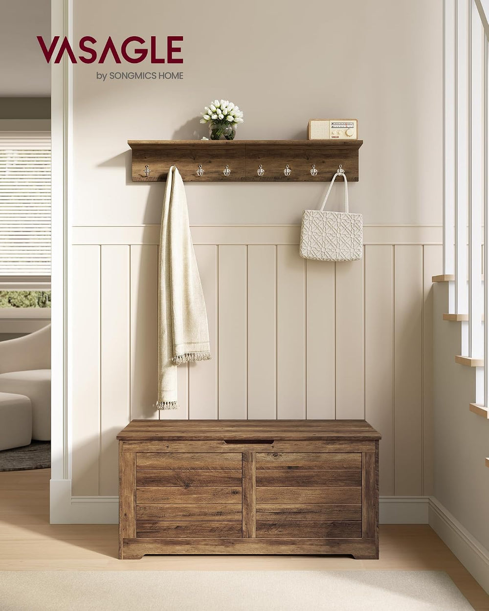 VASAGLE Storage Chest, 39.4 Inches Width Bench with 2 Safety Hinges | Farmhou...