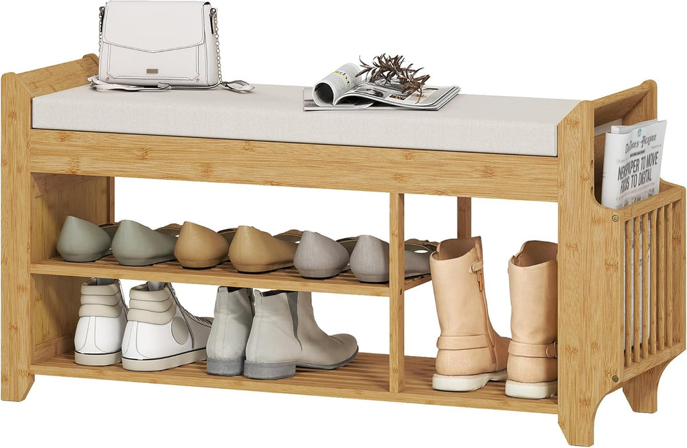 HOMCOM Shoe Bench with Cushioned Seat, 2-Tier Entryway Bench with Side Umbrel...