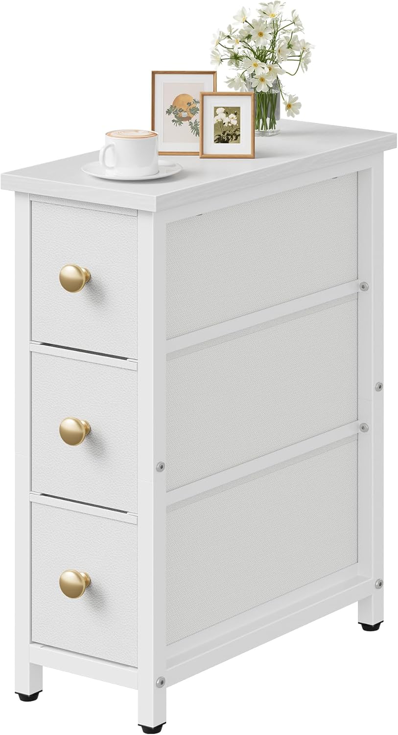 CHOEZON Narrow Side Table with 3 Fabric Drawers, Industrial Slim Bedside Tabl...