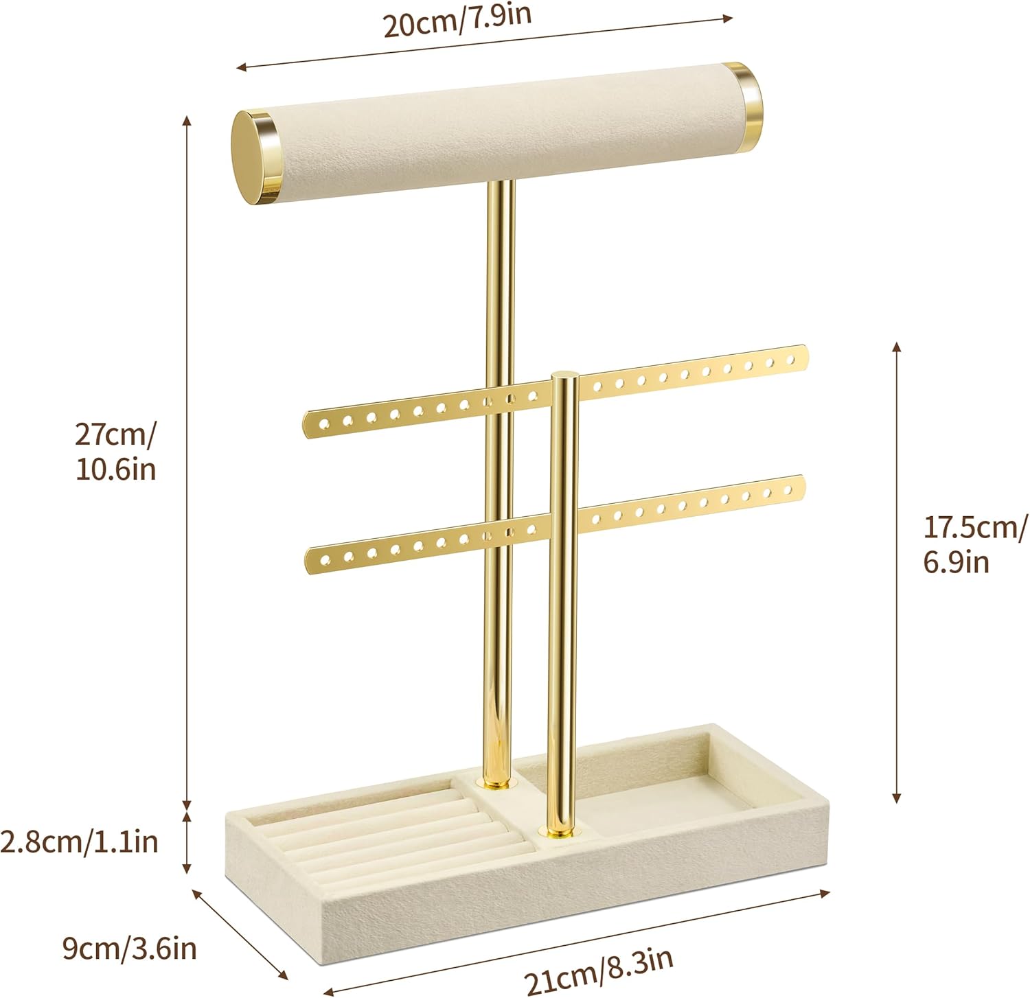 2 Tier Bracelet Holder Display - Detachable T Bar Beige Velvet Bracelet Holder, Jewelry Holder Organizer for Bracelet, Necklace, Earrings, Rings