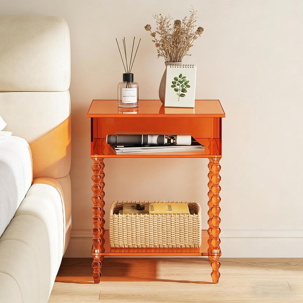 16inch Acrylic End Side Table, 3 Tier Orange End Table with Large Storage Mod...