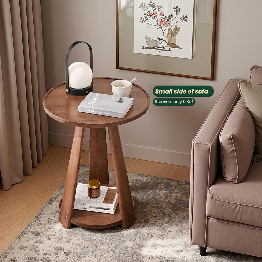 100% Solid Wood Round End Table, 2-Tier Side Table with Anti-Drop Tray Top, S...
