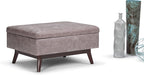 SIMPLIHOME Owen 34 inch Wide Mid Century Modern Rectangle Coffee Table Storage Ottoman in Distressed Grey Taupe Vegan Faux Leather, Assembled, for the Living Room, Entryway and Family Room