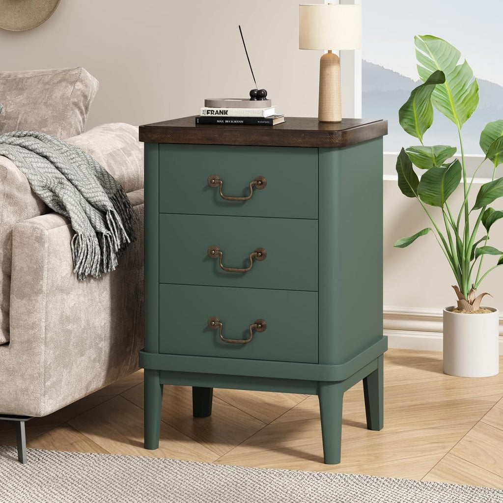 Wnutrees Farmhouse Nightstand with 3 Drawers, Modern Bedside Table, Green | Wood End Side Unit with Round Curved Corner and Metal Handles, Set of 2 Nightstands for Living Room, Hallway
