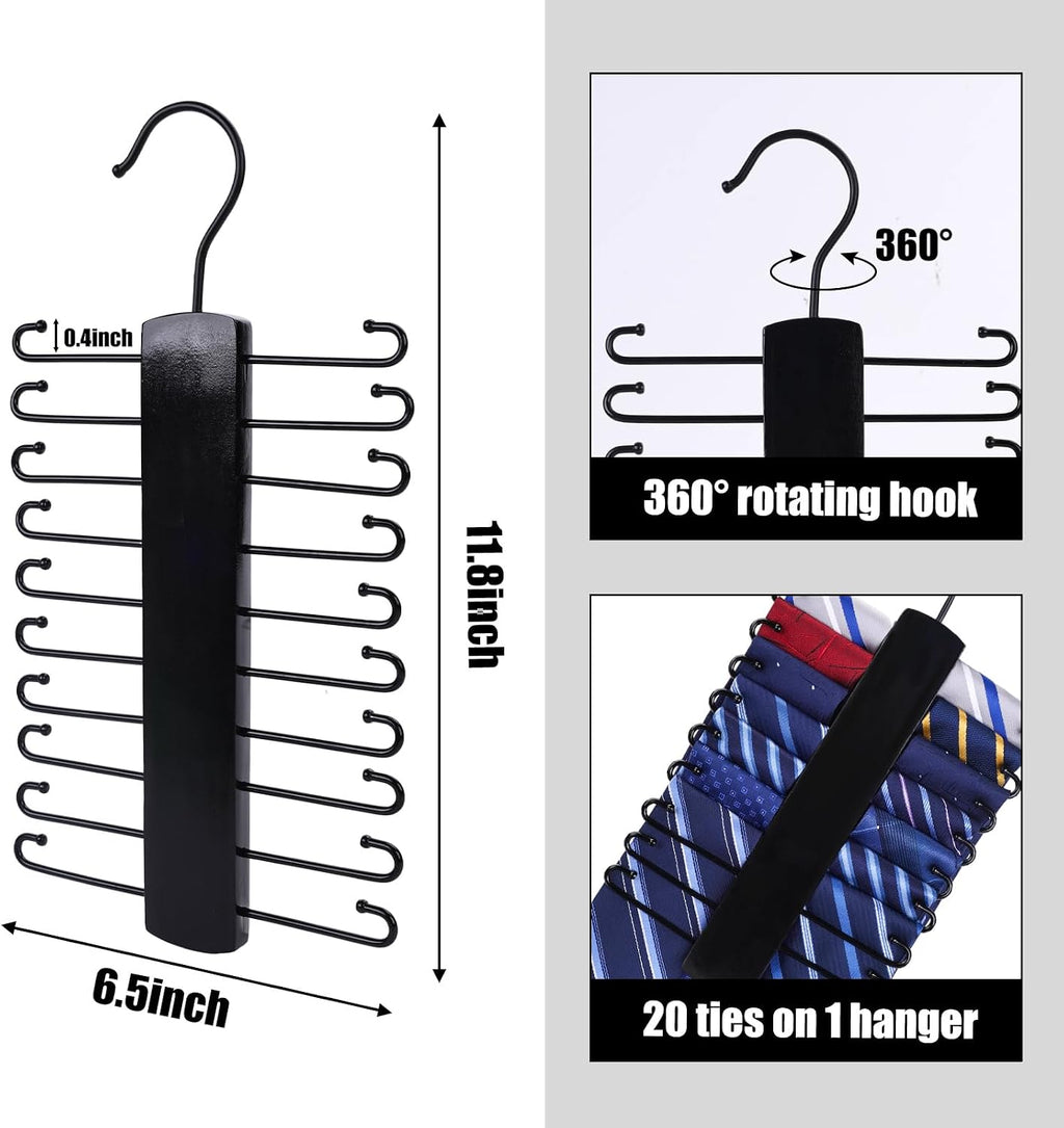 JOHOUSE Wooden Tie Rack, Tie Hanger Organizer for Men Closet 20 Hooks 360 Degree Rotating Hanging Space Saving Holder for Belt Scarf, Black