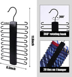 JOHOUSE Wooden Tie Rack, Tie Hanger Organizer for Men Closet 20 Hooks 360 Degree Rotating Hanging Space Saving Holder for Belt Scarf, Black