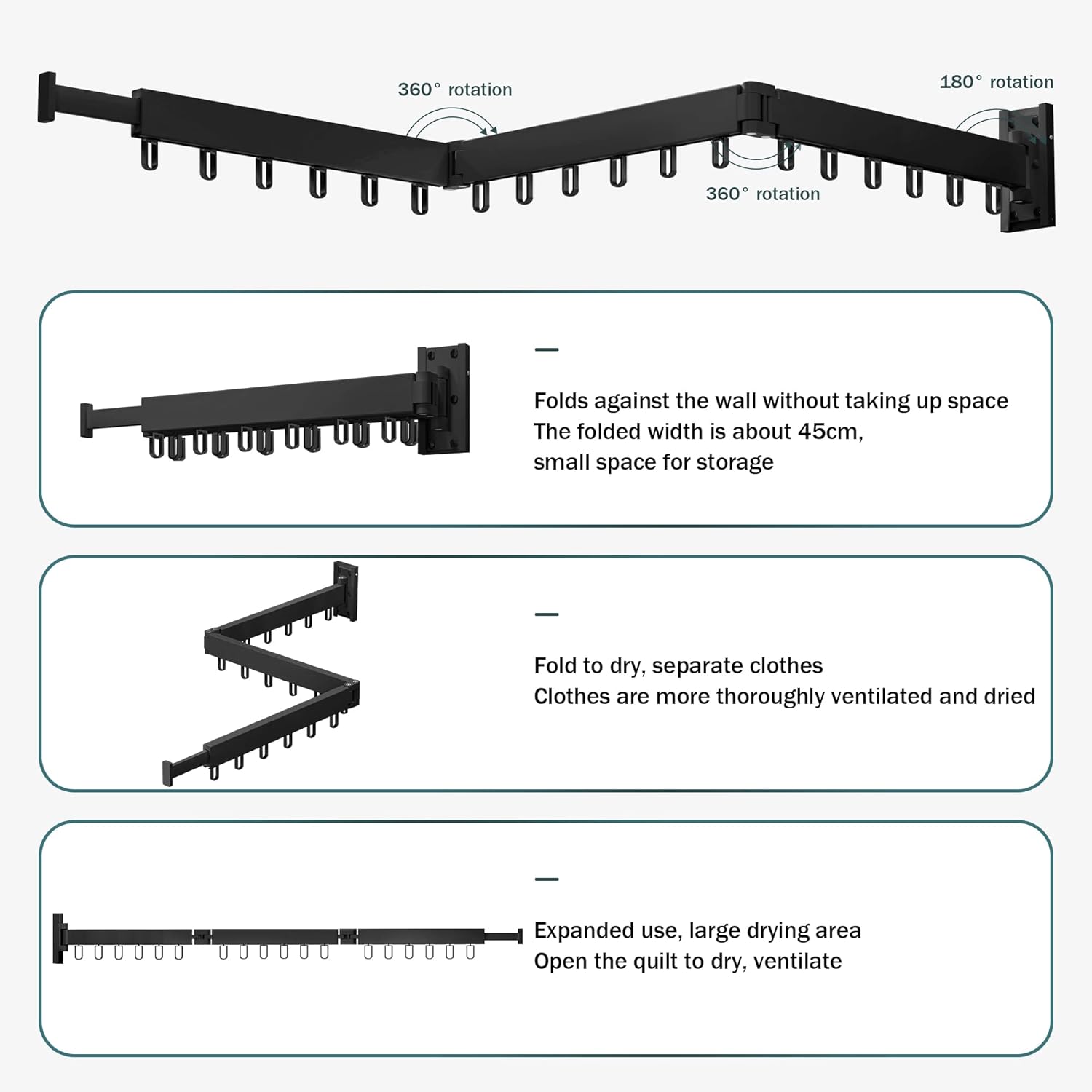 Clothes Drying Rack,Laundry Drying Rack,Clothes Rack Wall Mount,Wall Mounted Clothes Hanger Rack,Laundry Rack Folding,Retractable Clothing Rack,Collapsible Clothes Hanging Rack(Loop,Black)