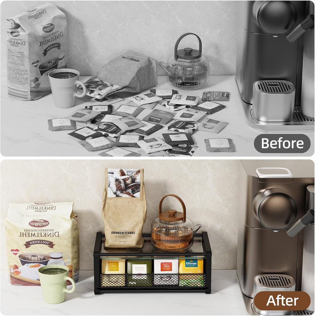 Tea Bag Organizer, Tea Organizer and Storage with Drawers, Divided Compartments Storage, Wooden Kitchen Organizers and Storage for Kitchen, Countertop, Office, Tea Station