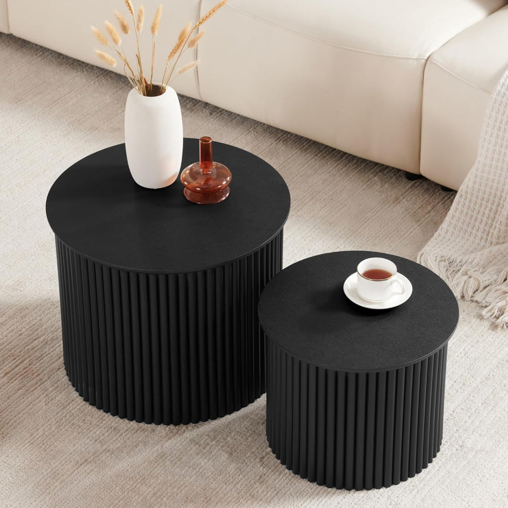 Small Fluted Round Nesting Coffee Table Set of 2, Mid Century Modern Coffee T...