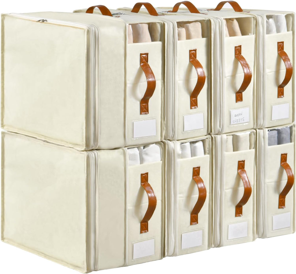 Bed Sheet Organizers and Storage, 8 Pack Linen Closet Organizers with Adjustable Zipper, Foldable Bedding Storage for Queen or King Size Bedsheets, Duvet Covers and Pillows