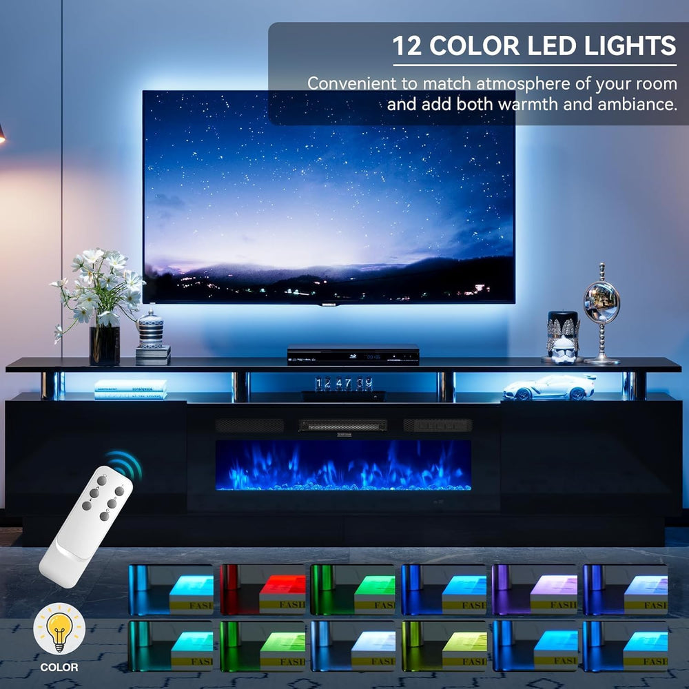 80" Fireplace TV Stand, 2-Tier LED Entertainment Center with 36" Fi...