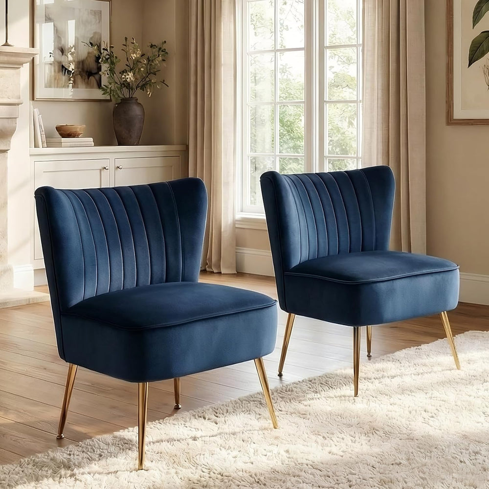 DUOMAY Modern Accent Chair Set of 2 Velvet Slipper Chair with Gold Legs Wingb...