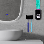 2 Slots Wall Mount Toothbrush Holder with Cover, Self Adhesive Toothbrush Storage Organizer for Shower, Toothbrush Hanger with Automatic Toothpaste Squeezer Dispenser(Black)