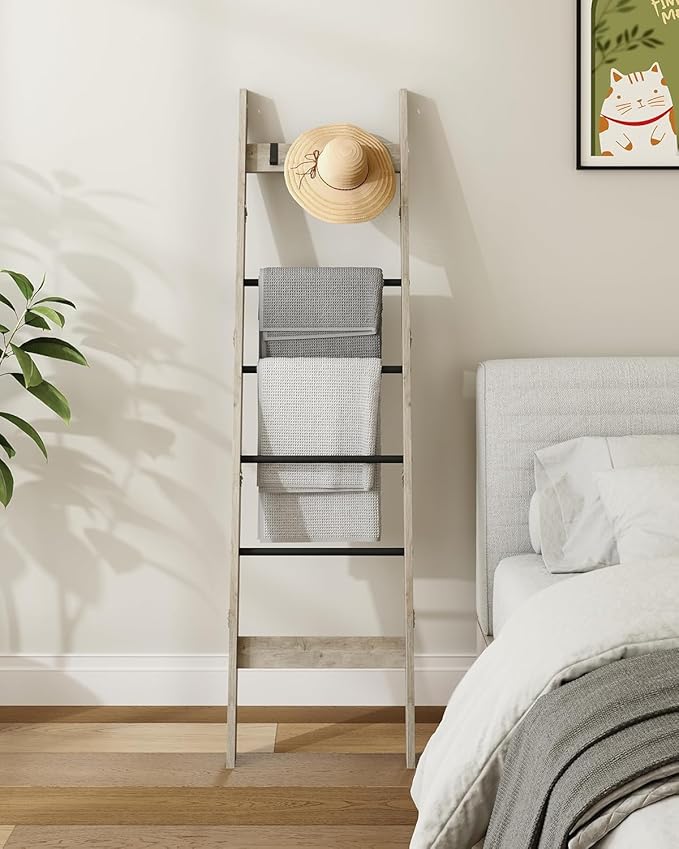 Blanket Ladder for Living Room, Decorative Quilt Rack with 4 Removable Hooks, 6-Tier Farmhouse Ladder Holder Shelf Organizer for Bedroom, Greige and Black BR31505B
