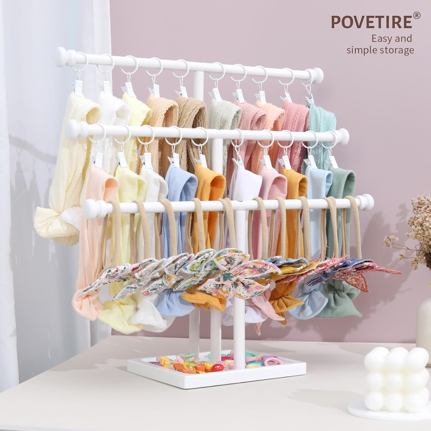 POVETIRE Headband Holder Stand Storage for Baby, 3 Tier Wooden Bow Organizer for Girls Hair Bows, Infant Hair Accessories Rack Display for Nursery Decor