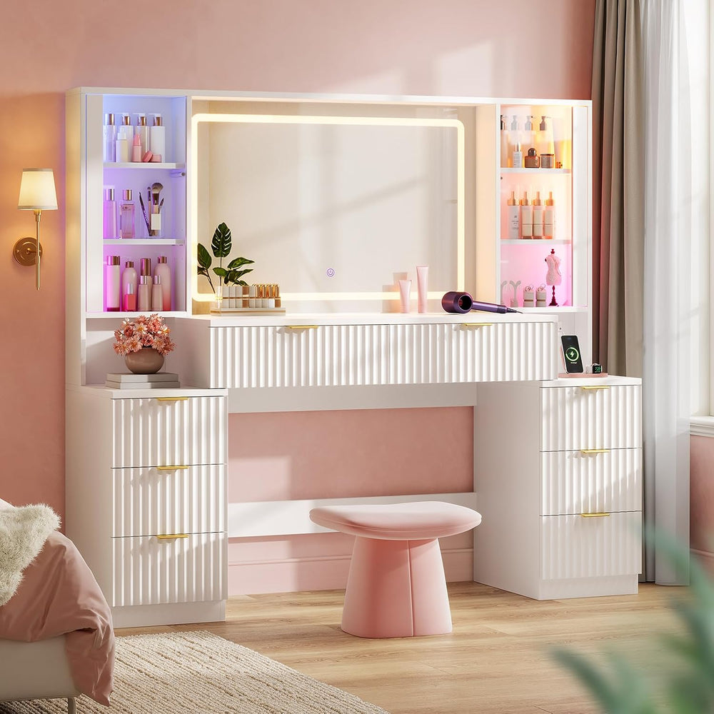 Big Vanity Desk, Fluted Makeup Vanity with Mirror Lights, Dressing Table | La...
