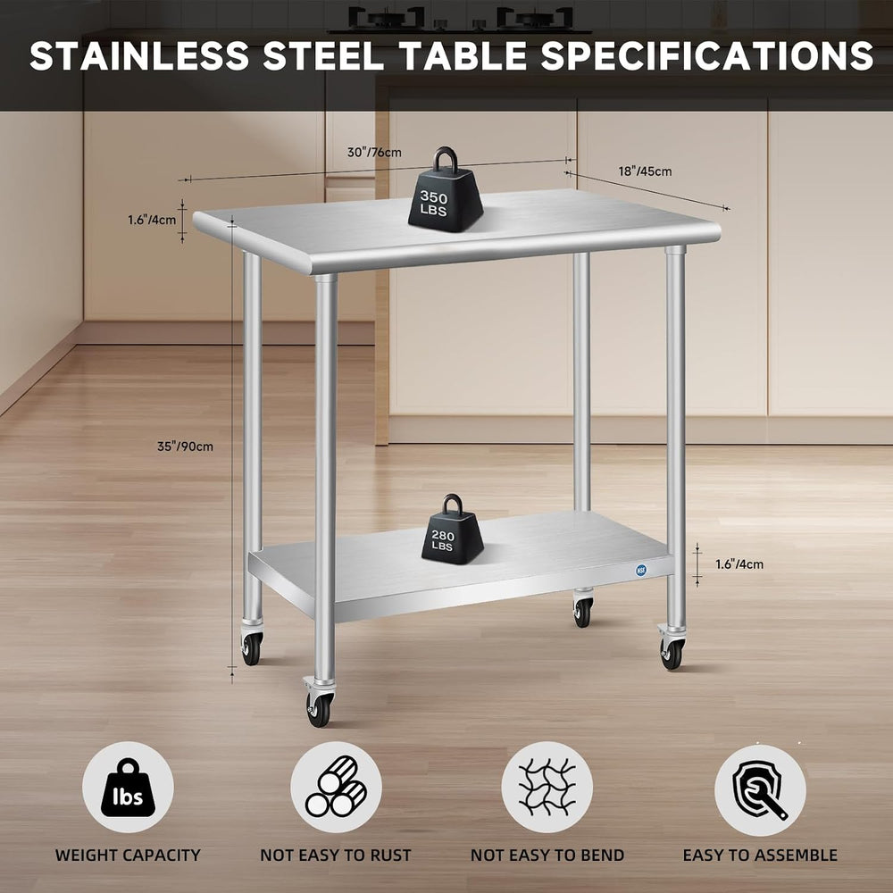 Stainless Steel Table with Wheels, Stainless Table for Prep & Work, 30 x ...
