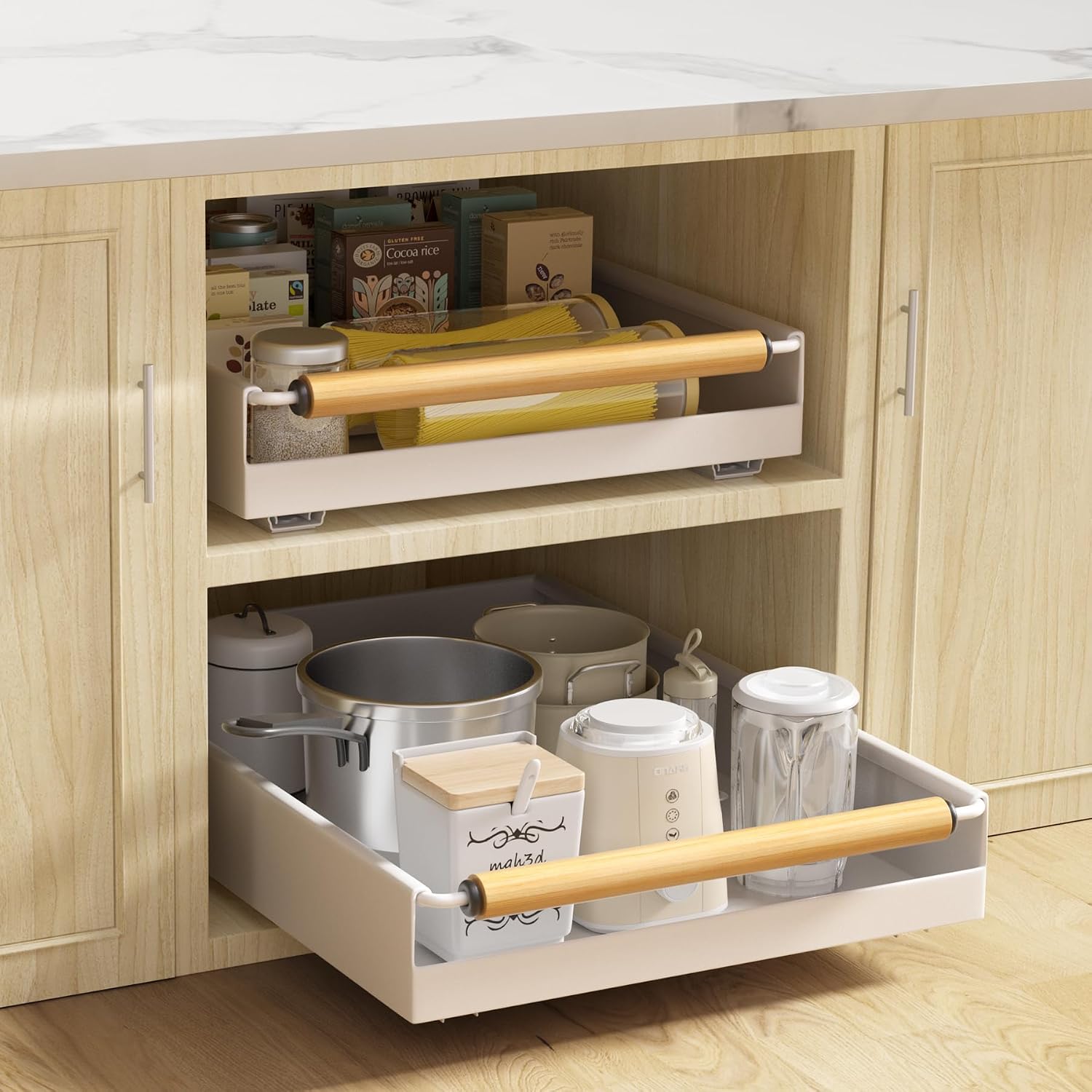 2 Pack No-Drill Pull Out Cabinet Organizer 15.3'' Deep Expandable Slide Out Drawers for Kitchen Pantry & Under Sink Storage, Adhesive Nano Film Mount, White